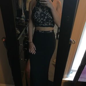 Beautiful black lace two piece prom dress